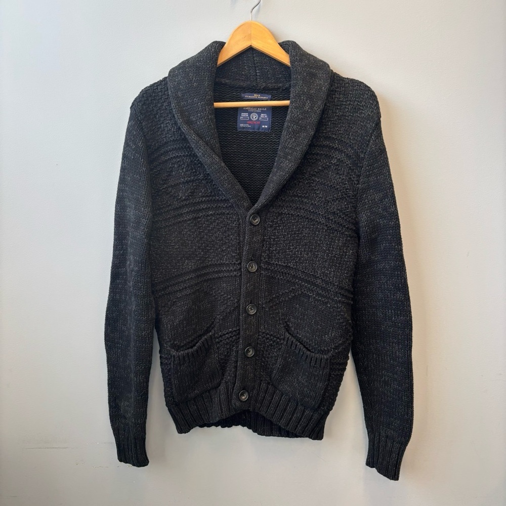 American Eagle Men’s Medium Cardigan Shawl Collar Charcoal Sweater Elbow patches